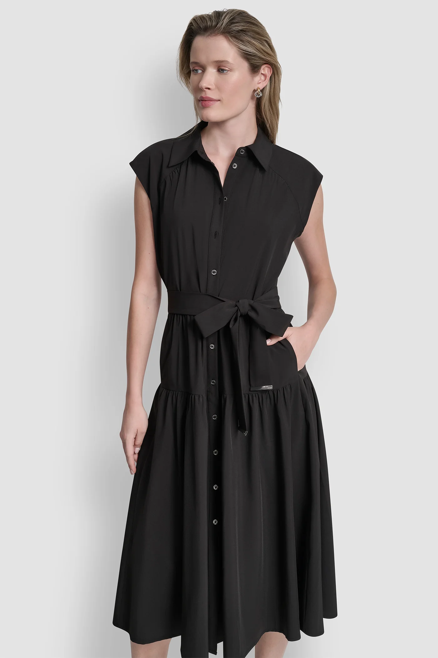 CAP SLEEVE FIT & FLARE MIDI SHIRT DRESS - Image 5