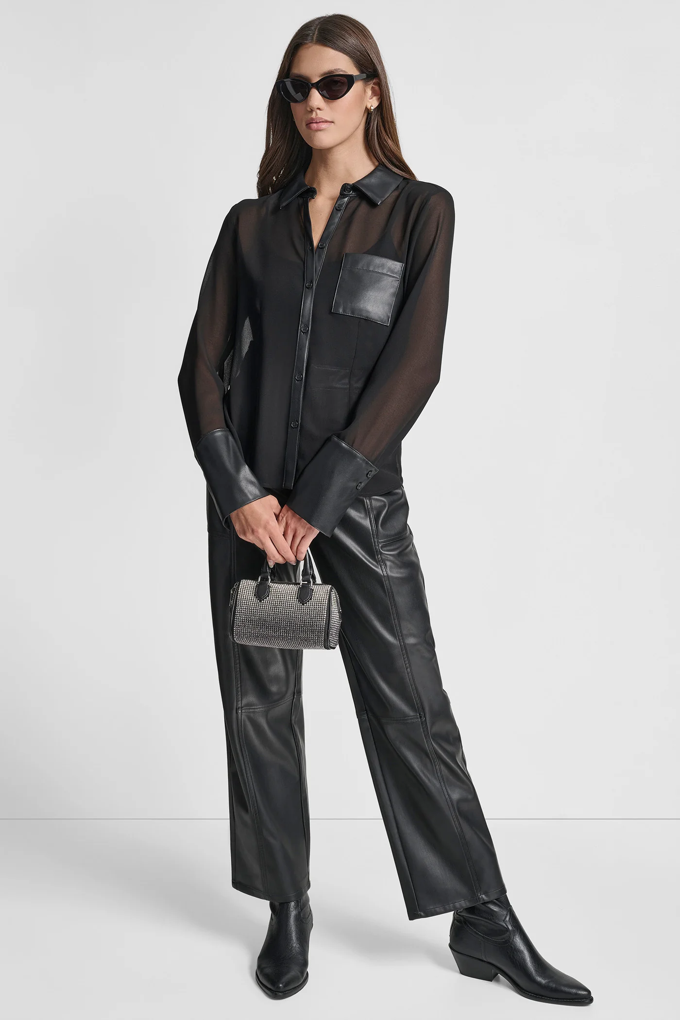 FAUX LEATHER PANELED SEMI-SHEER SHIRT - Image 5