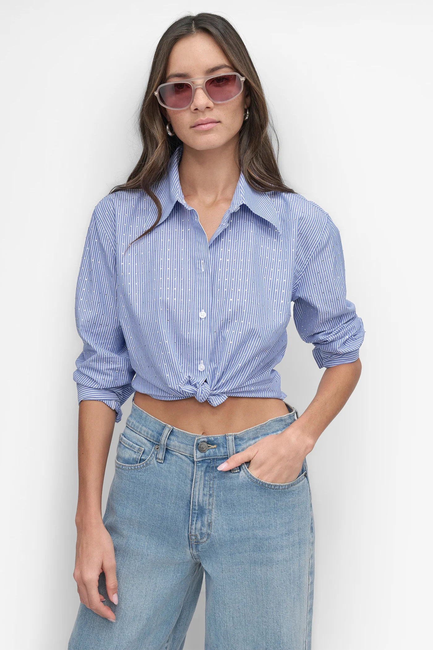 STRIPED POPILIN STUDDED RHINESTONE TOP - Image 5
