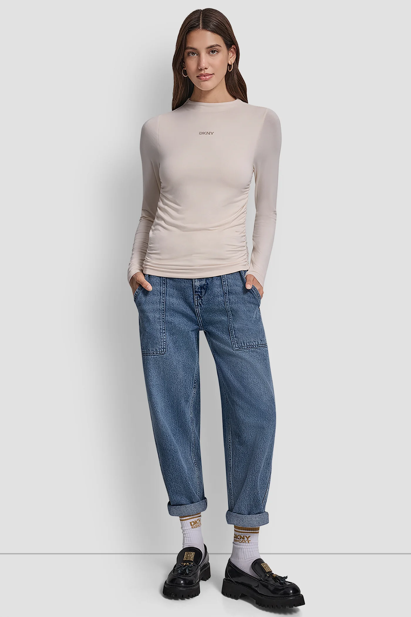 SIDE RUCHED HIGH NECK LONG SLEEVE TOP WITH RHINESTONE - Image 5