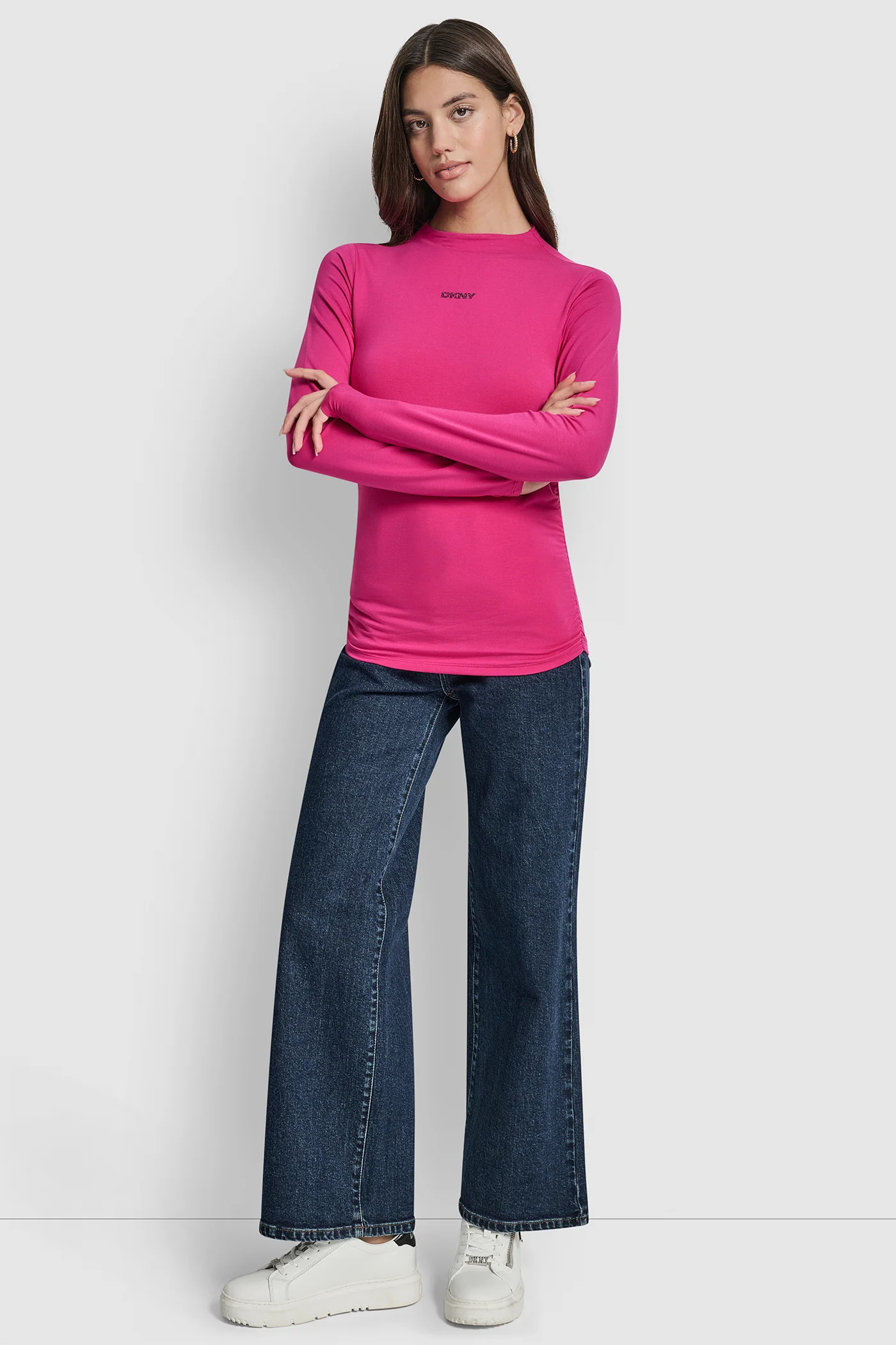 SIDE RUCHED HIGH NECK LONG SLEEVE TOP WITH RHINESTONE - Image 5