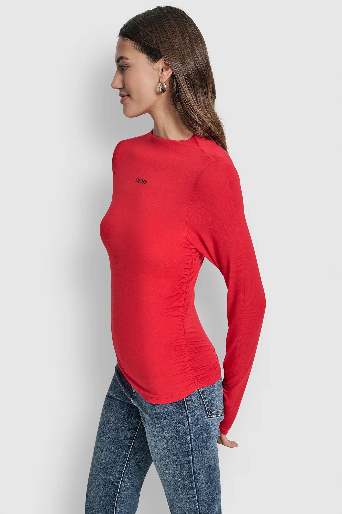 SIDE RUCHED HIGH NECK LONG SLEEVE TOP WITH RHINESTONE - Image 3