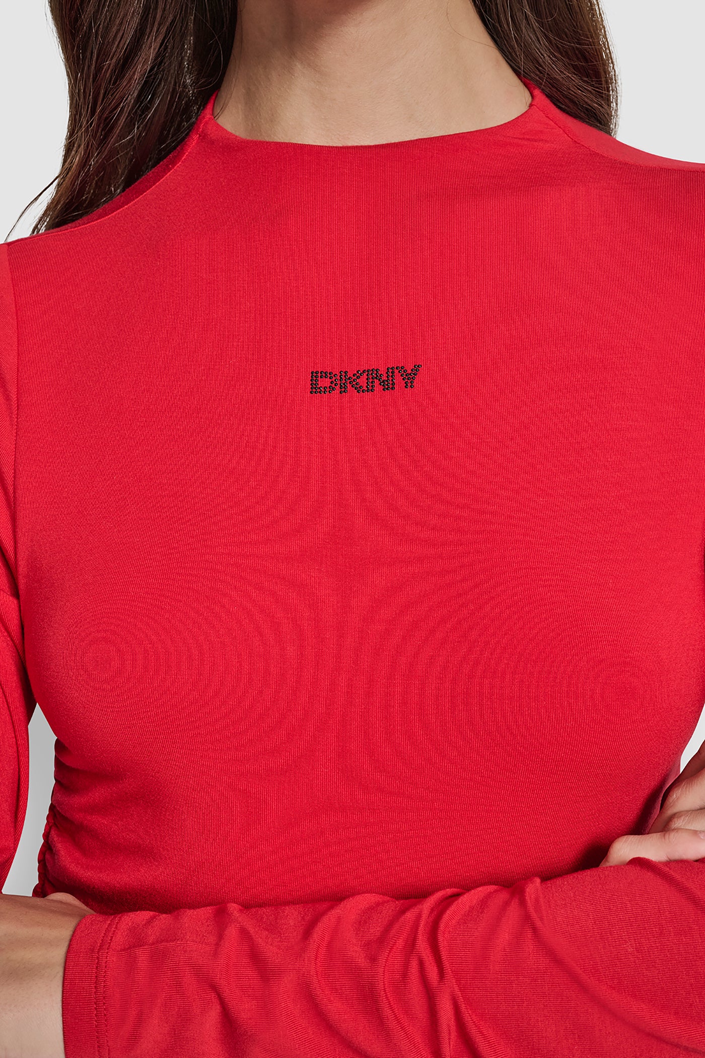 SIDE RUCHED HIGH NECK LONG SLEEVE TOP WITH RHINESTONE - Image 4