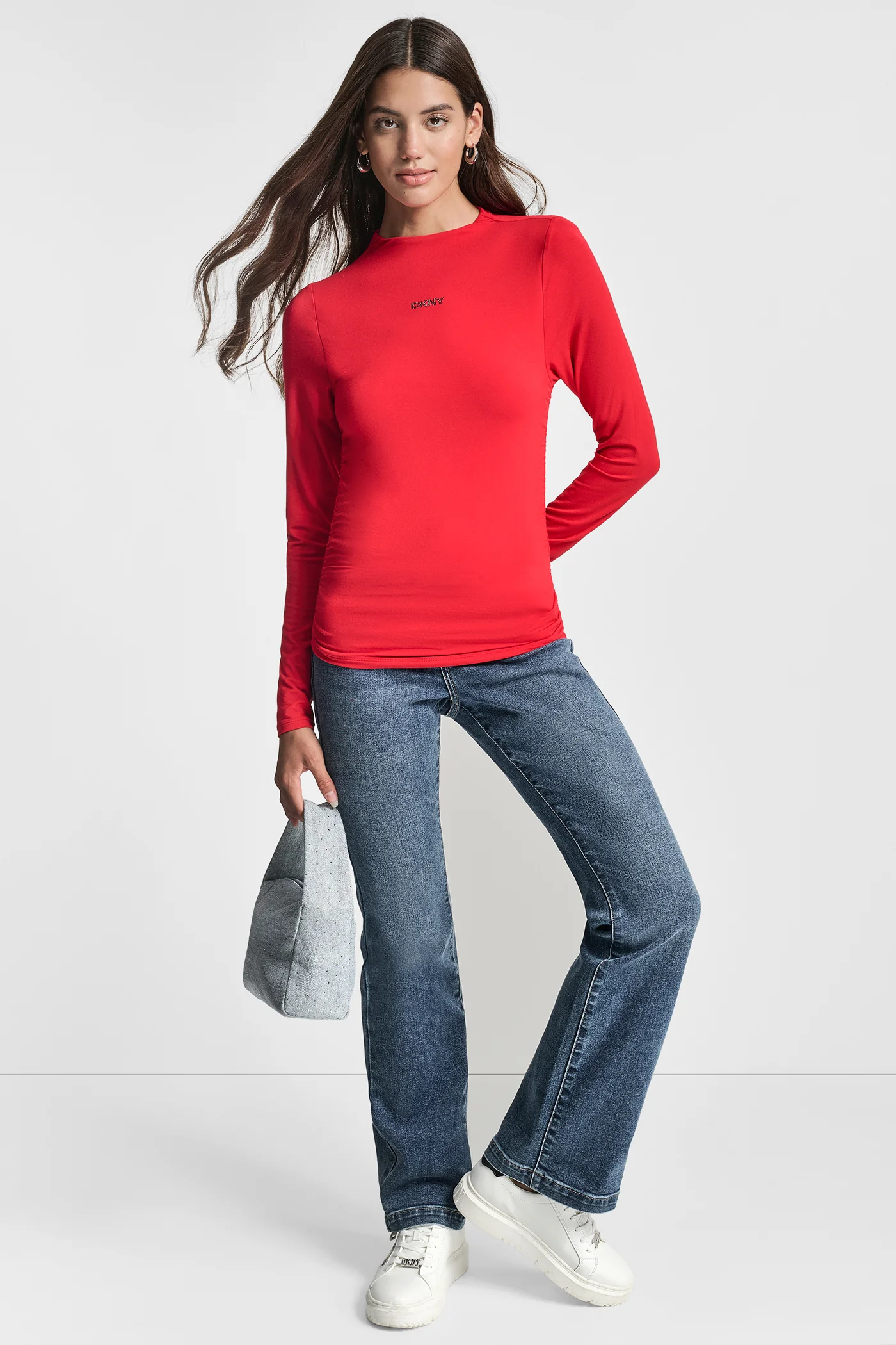 SIDE RUCHED HIGH NECK LONG SLEEVE TOP WITH RHINESTONE - Image 5