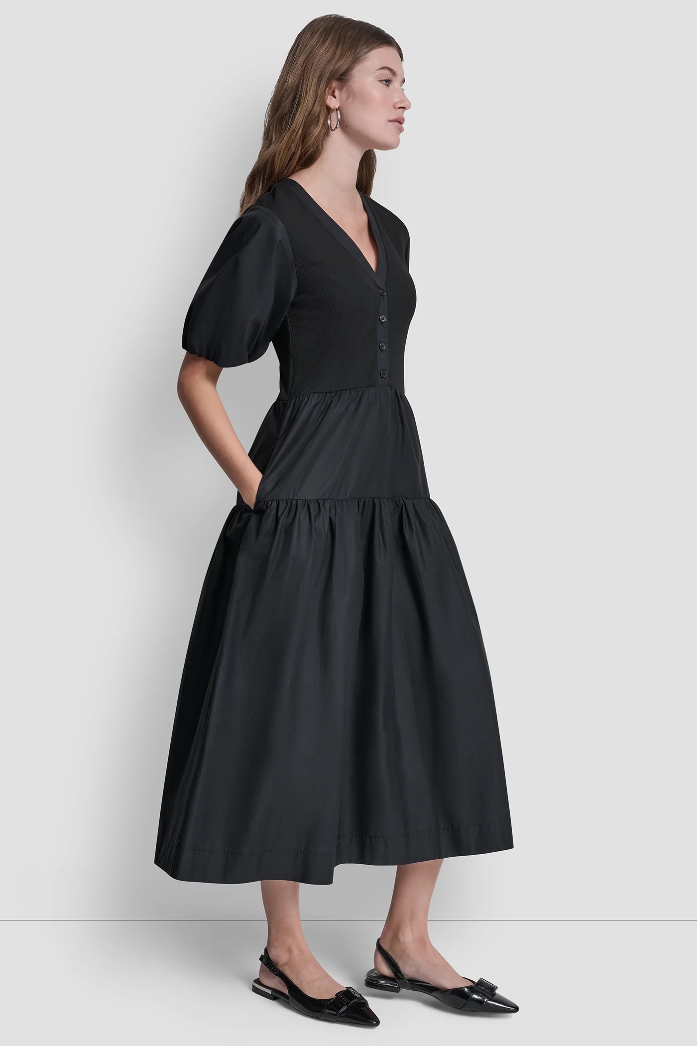 RIB HENLEY MIDI DRESS WITH PUFF SLEEVES - Image 3