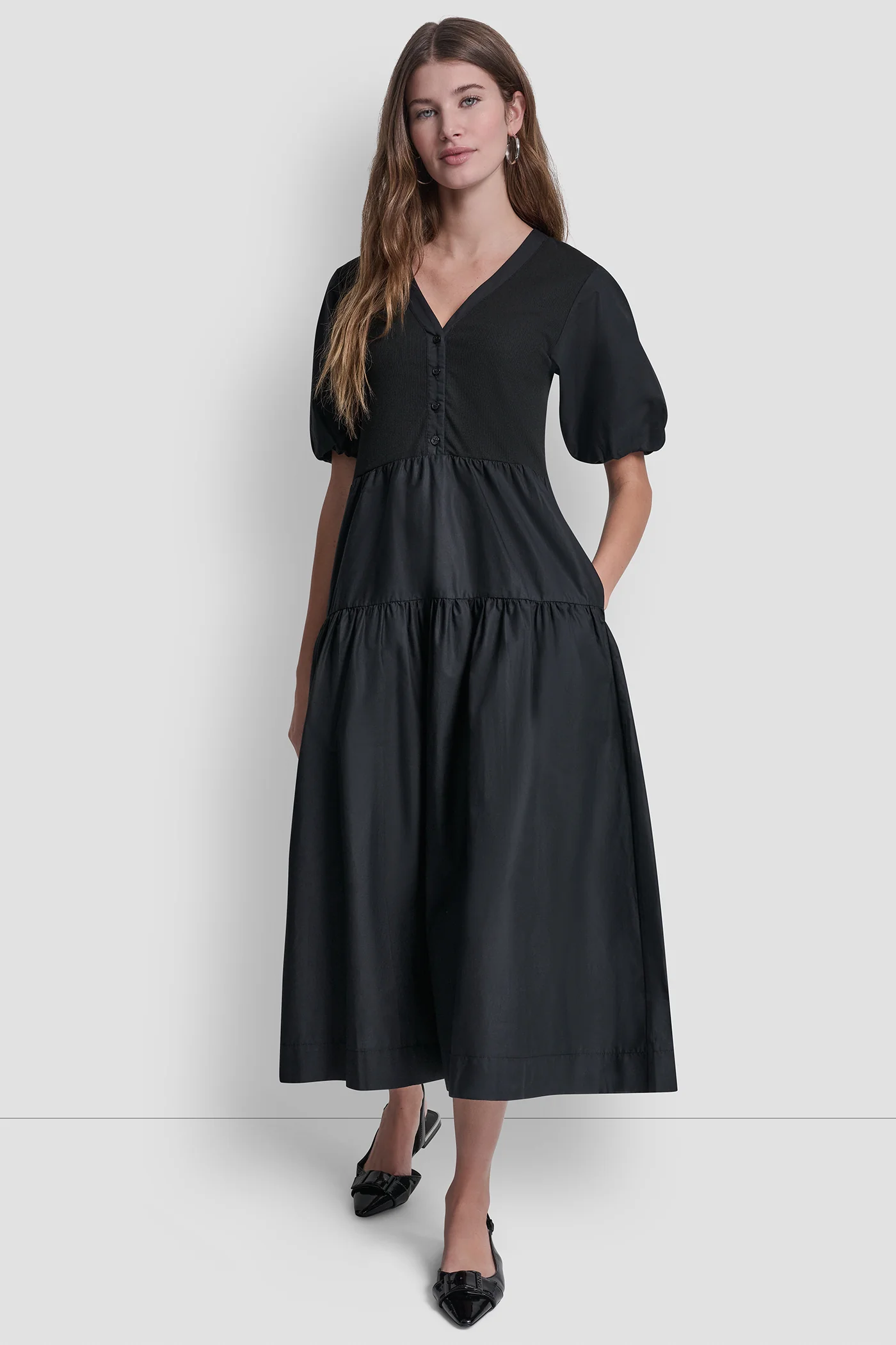 RIB HENLEY MIDI DRESS WITH PUFF SLEEVES - Image 4