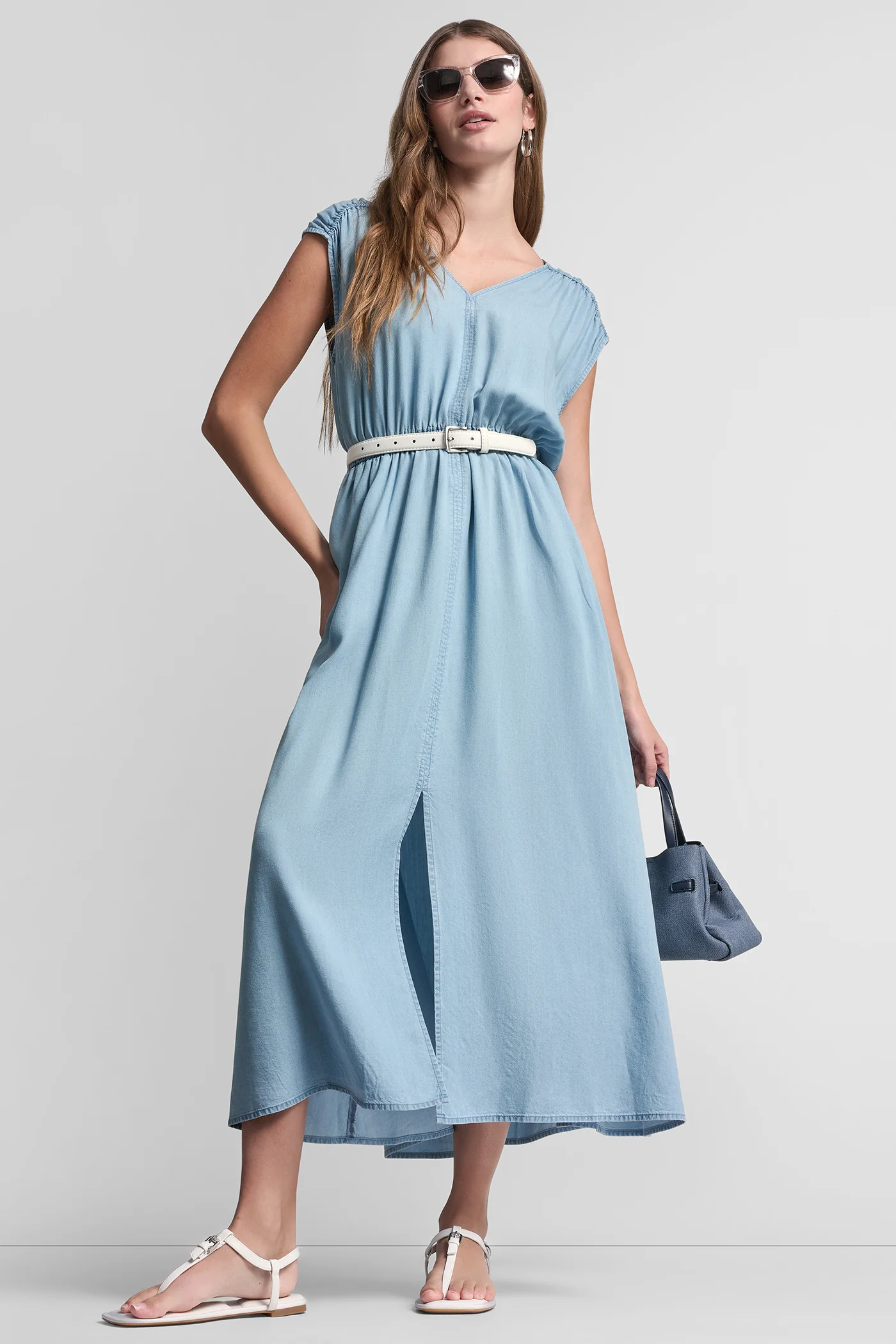 RUCHED V-NECK DRESS WITH TIE WAIST
