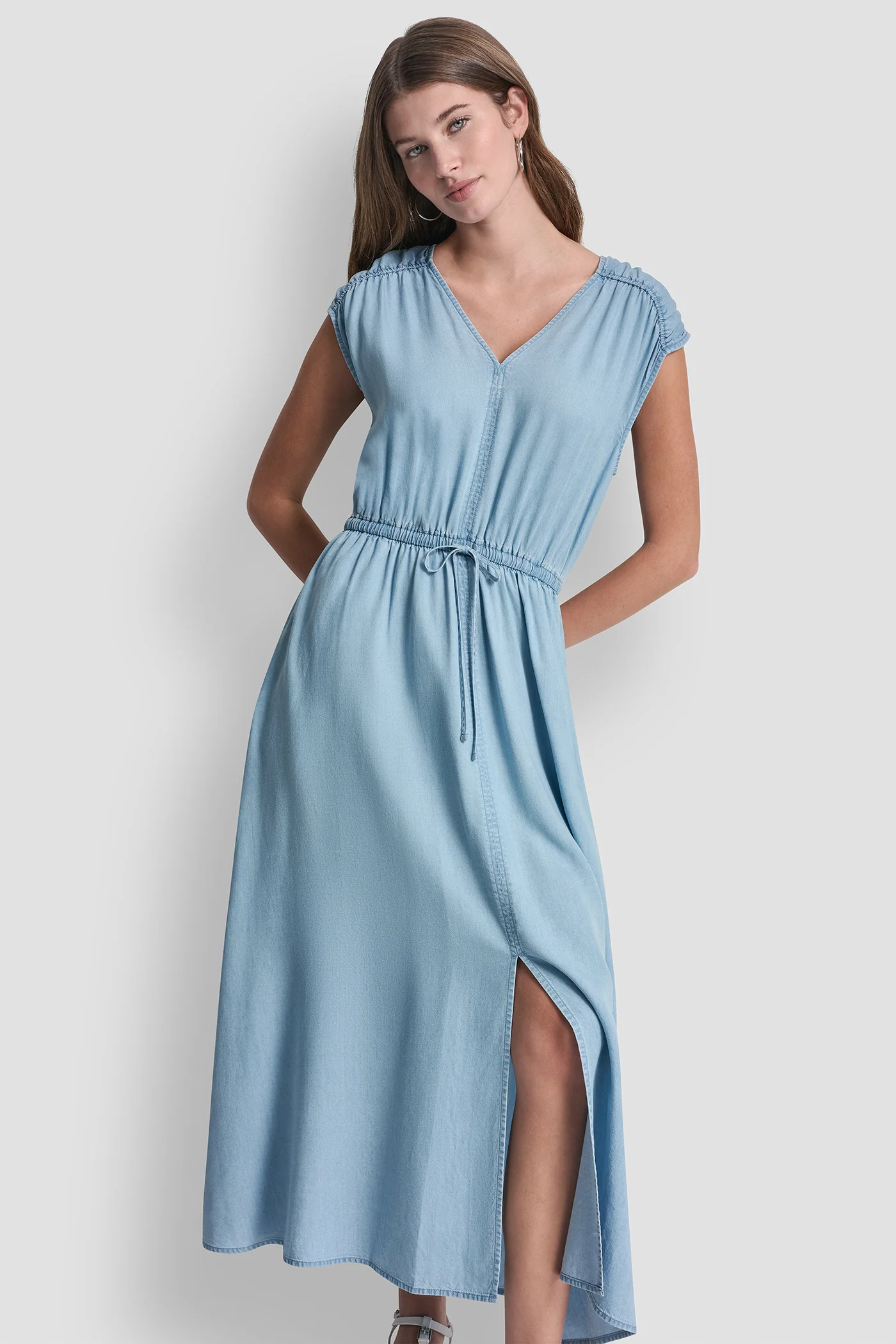 RUCHED V-NECK DRESS WITH TIE WAIST - Image 3