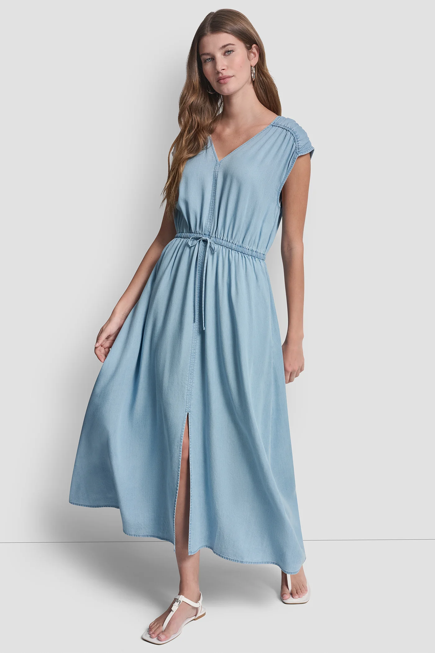 RUCHED V-NECK DRESS WITH TIE WAIST - Image 5