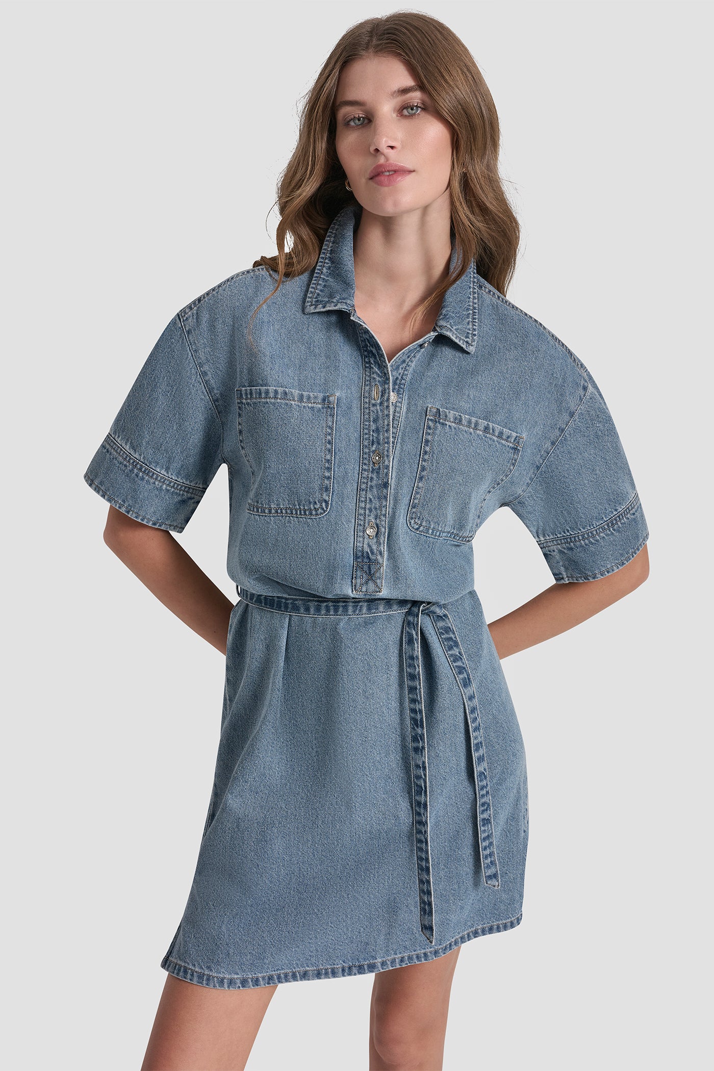 DENIM BUTTON-FRONT SHIRT DRESS