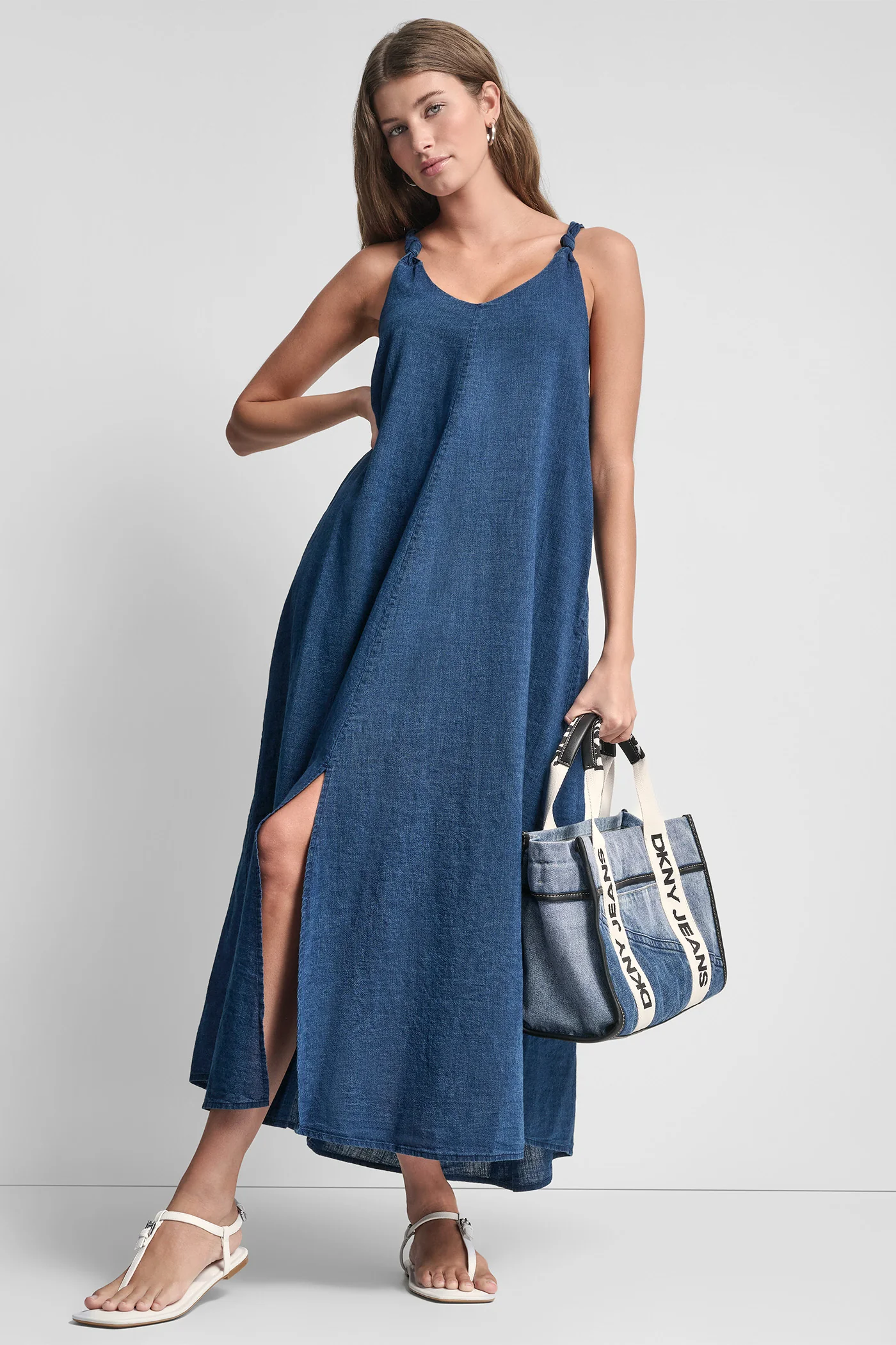 KNOTTED STRAP V-NECK MAXI DRESS
