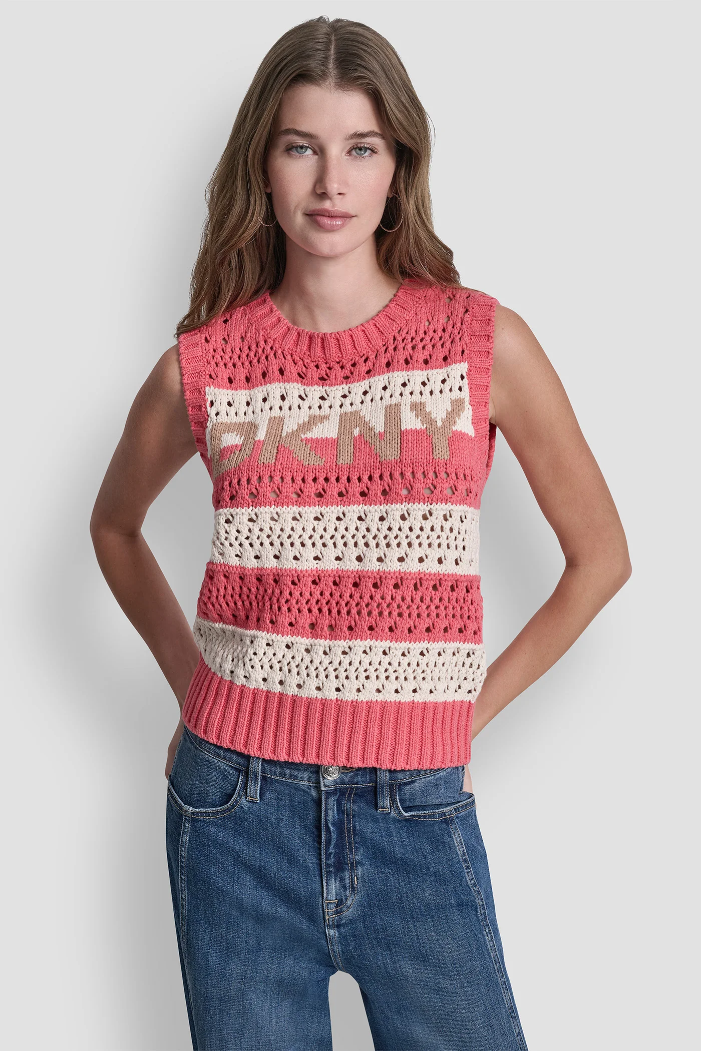 STRIPED POINTELLE STITCH SLEEVELESS SWEATER - Image 2