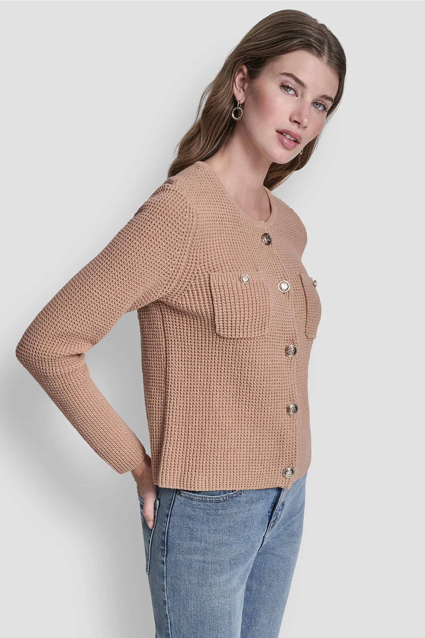 TUCK STITCH CREW NECK CARDIGAN - Image 4