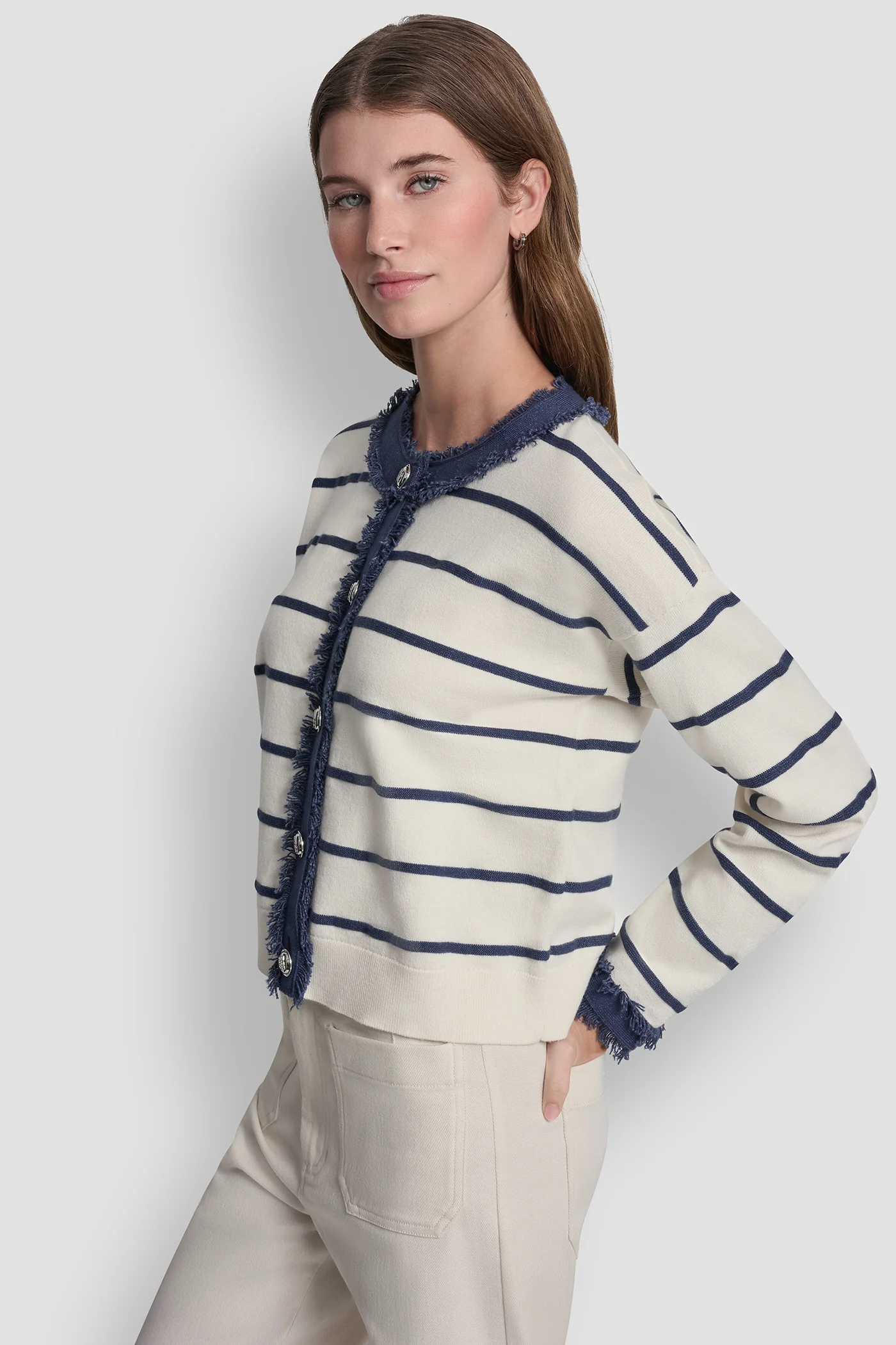 STRIPED CARDIGAN WITH DENIM FRINGE - Image 3