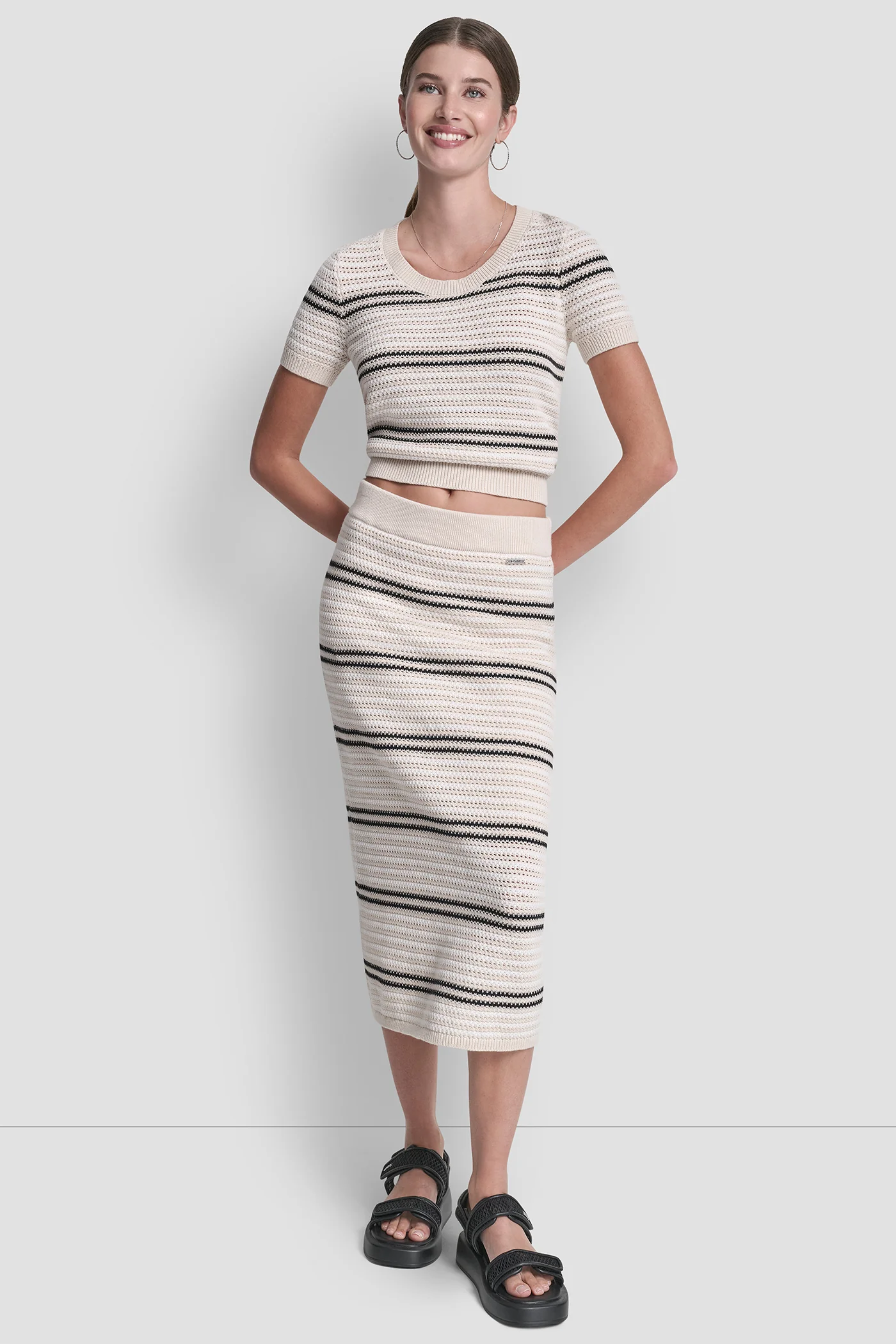 STRIPED POINTELLE STITCH MIDI SKIRT - Image 4