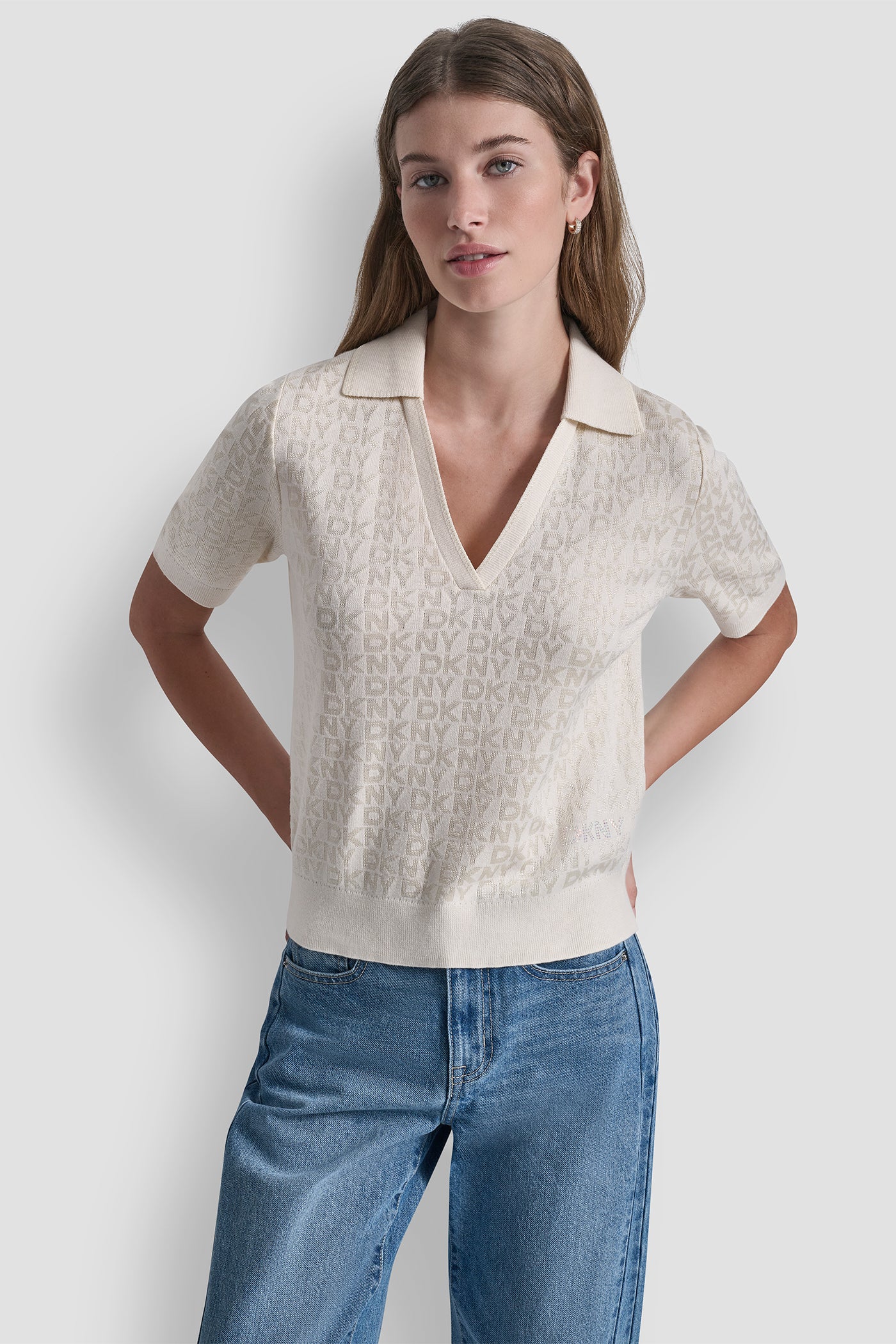 POLO COLLAR SWEATER WITH RHINESTONE LOGO - Image 2