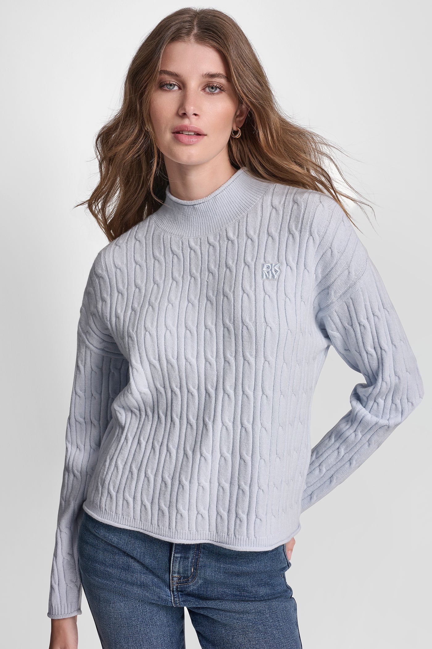 MOCK NECK DROP SHOULDER CABLE SWEATER