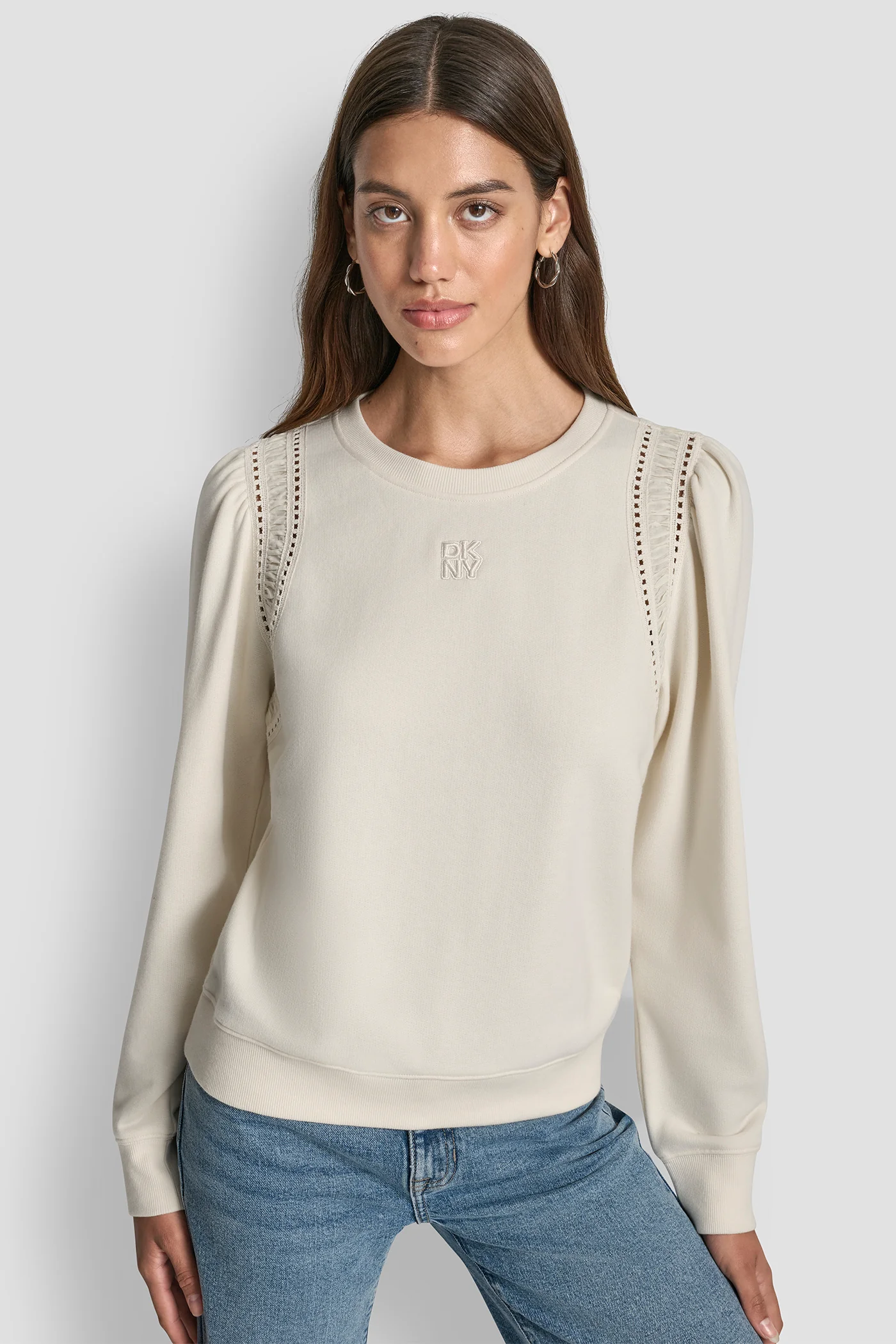 LACE DETAIL PUFF SLEEVE SWEATSHIRT