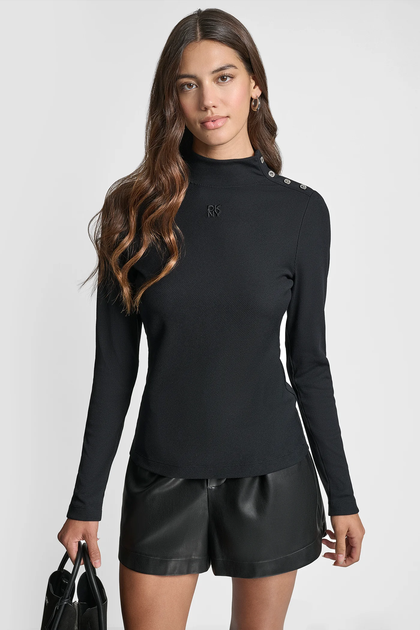 JEWEL BUTTON SHOULDER MOCK NECK LONG SLEEVE TEE - Image 3
