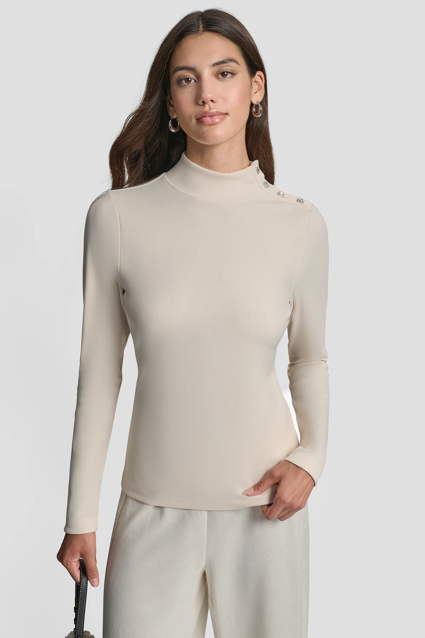 JEWEL BUTTON SHOULDER MOCK NECK LONG SLEEVE TEE