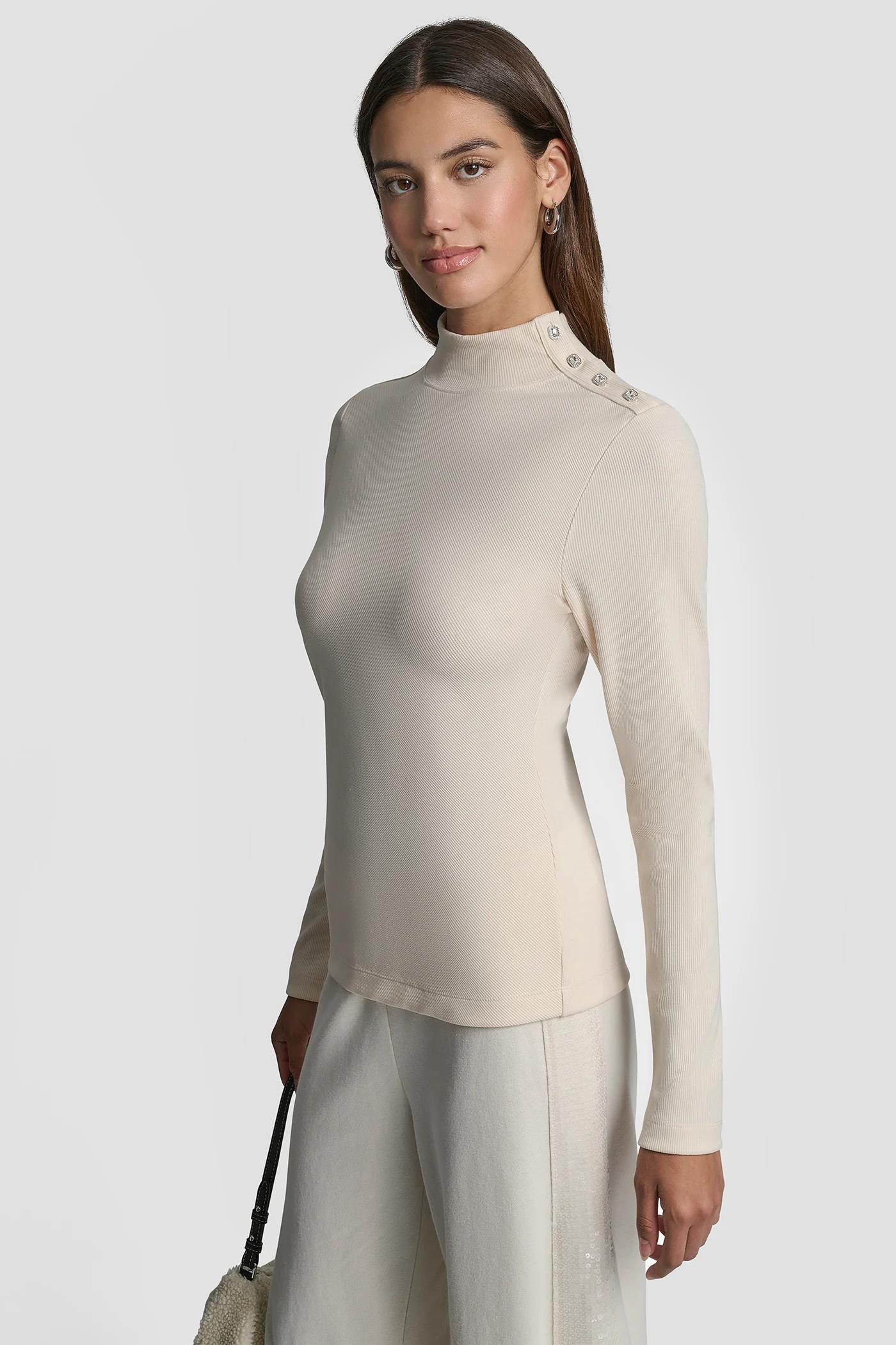JEWEL BUTTON SHOULDER MOCK NECK LONG SLEEVE TEE - Image 3