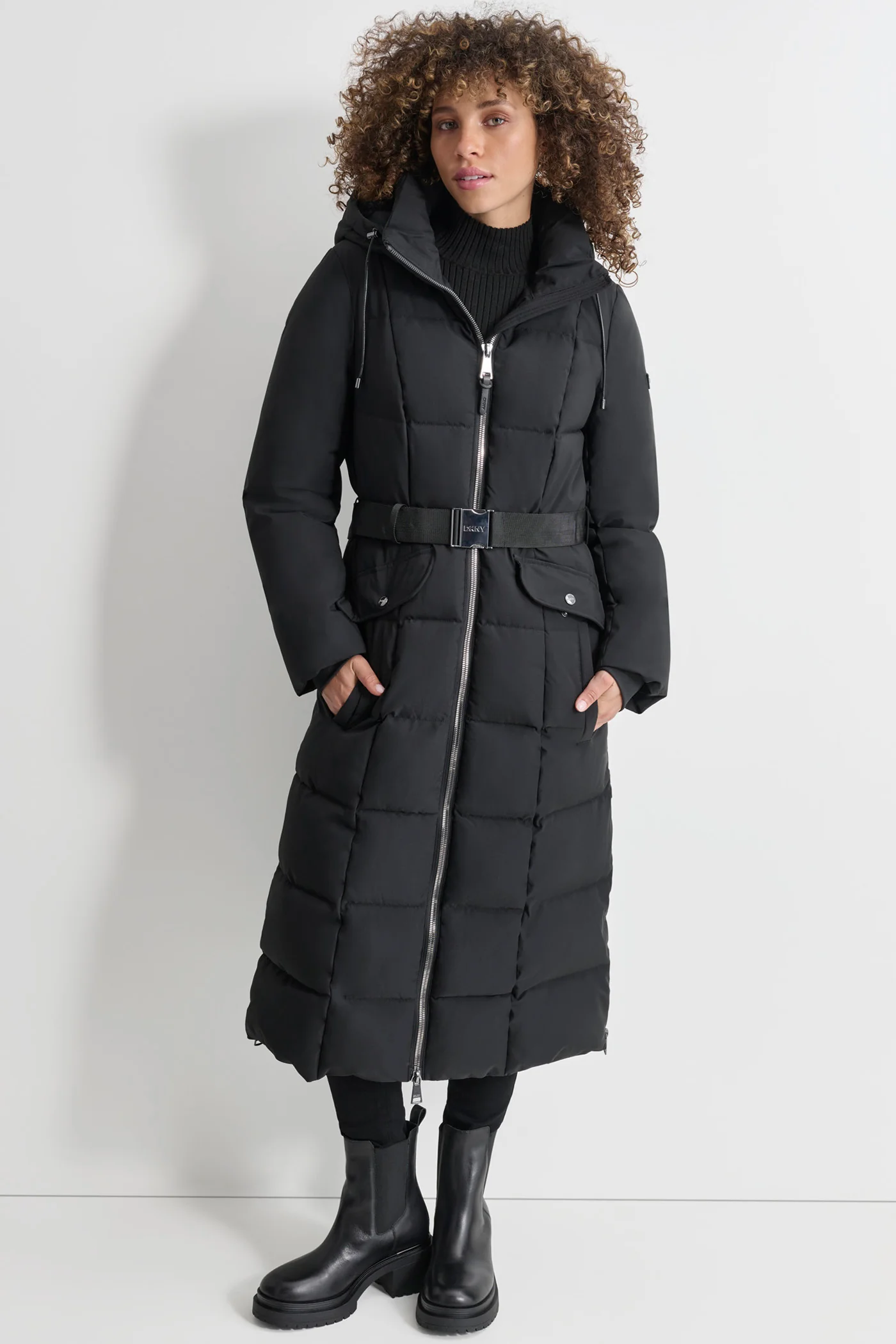 BOX QUILT LONG PUFFER WITH BELT