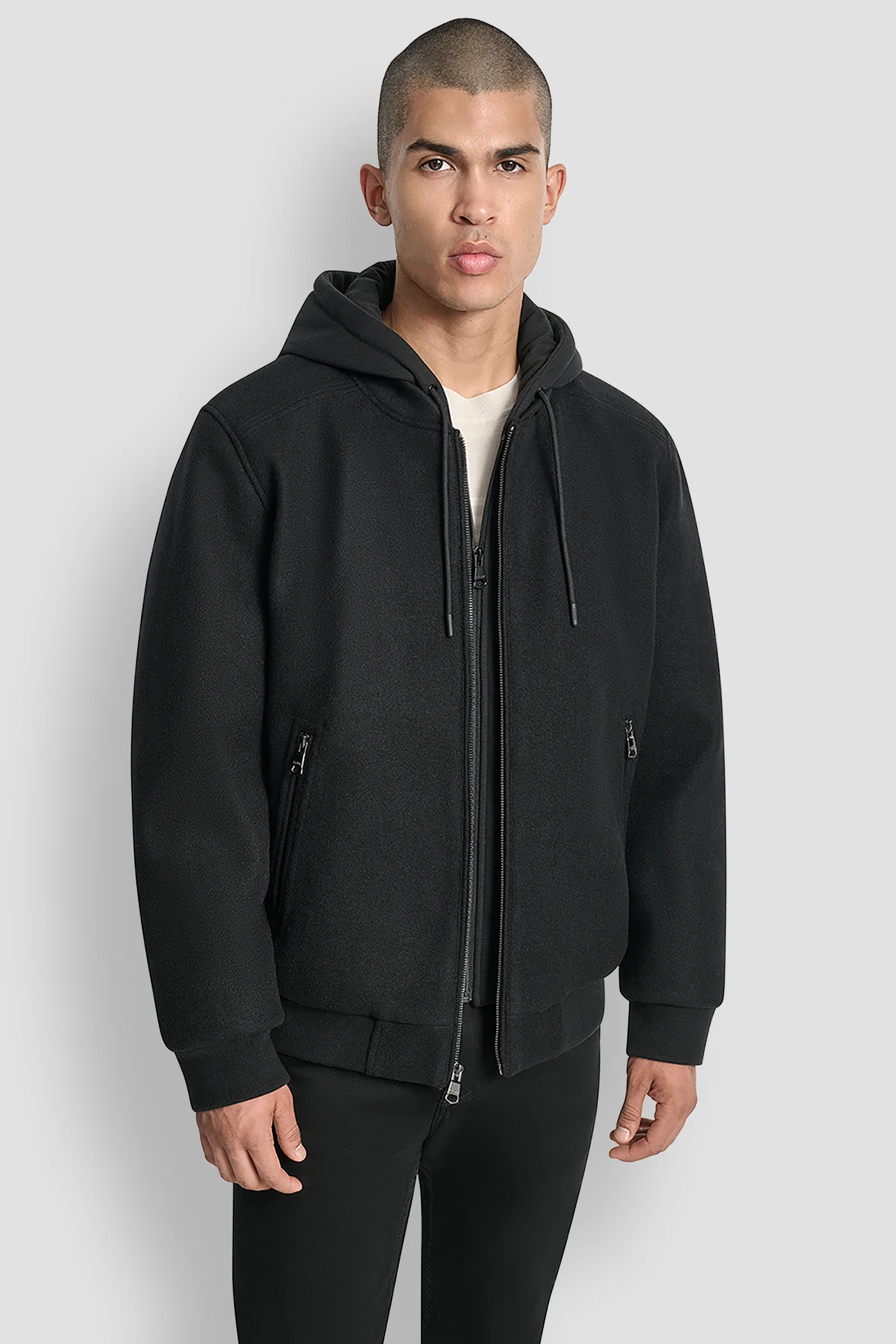 FAUX WOOL BOMBER WITH HOODED BIB