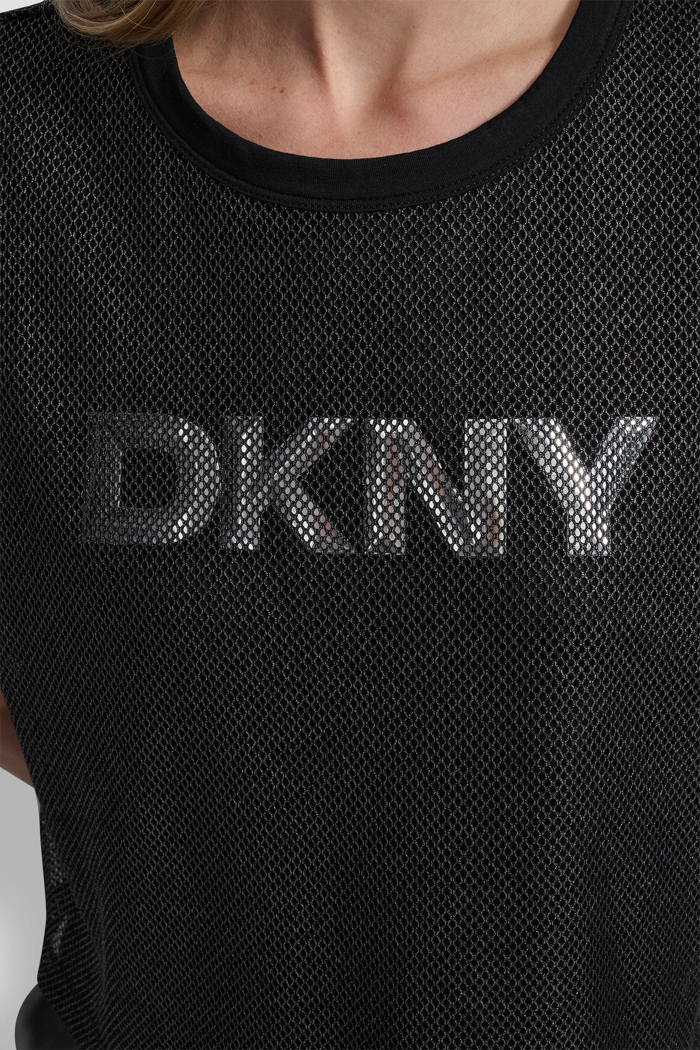 SHORT SLEEVE MESH OVERLAY LOGO KNIT TOP - Image 4