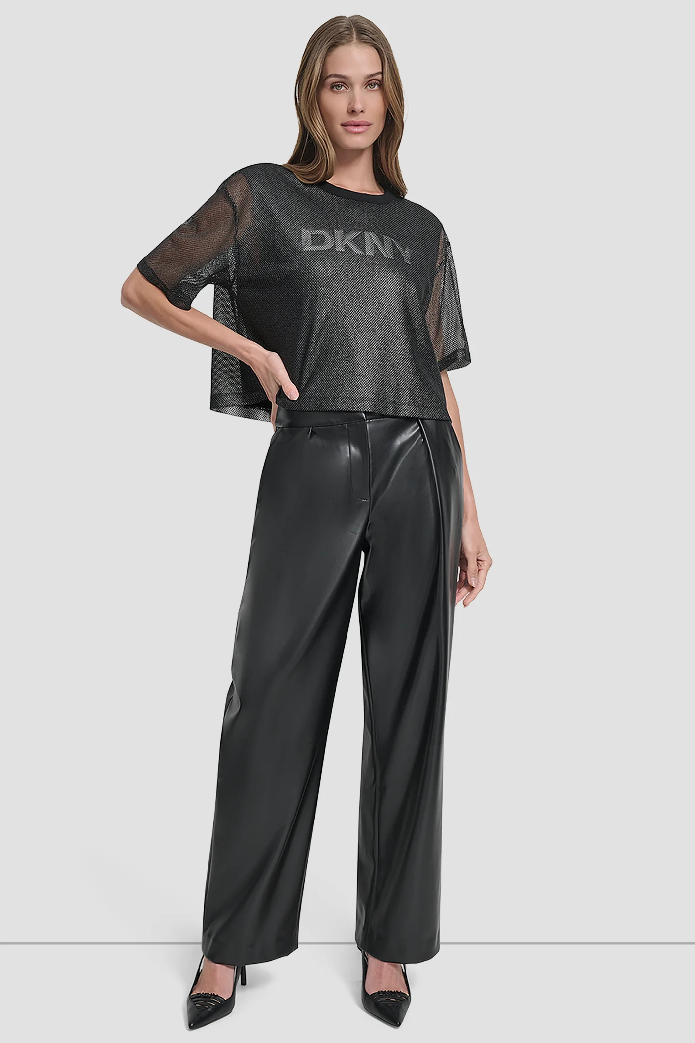 SHORT SLEEVE MESH OVERLAY LOGO KNIT TOP - Image 6