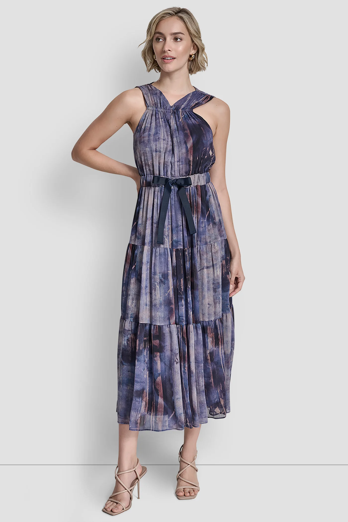 PLEATED CHIFFON TIE-WAIST MIDI DRESS - Image 3