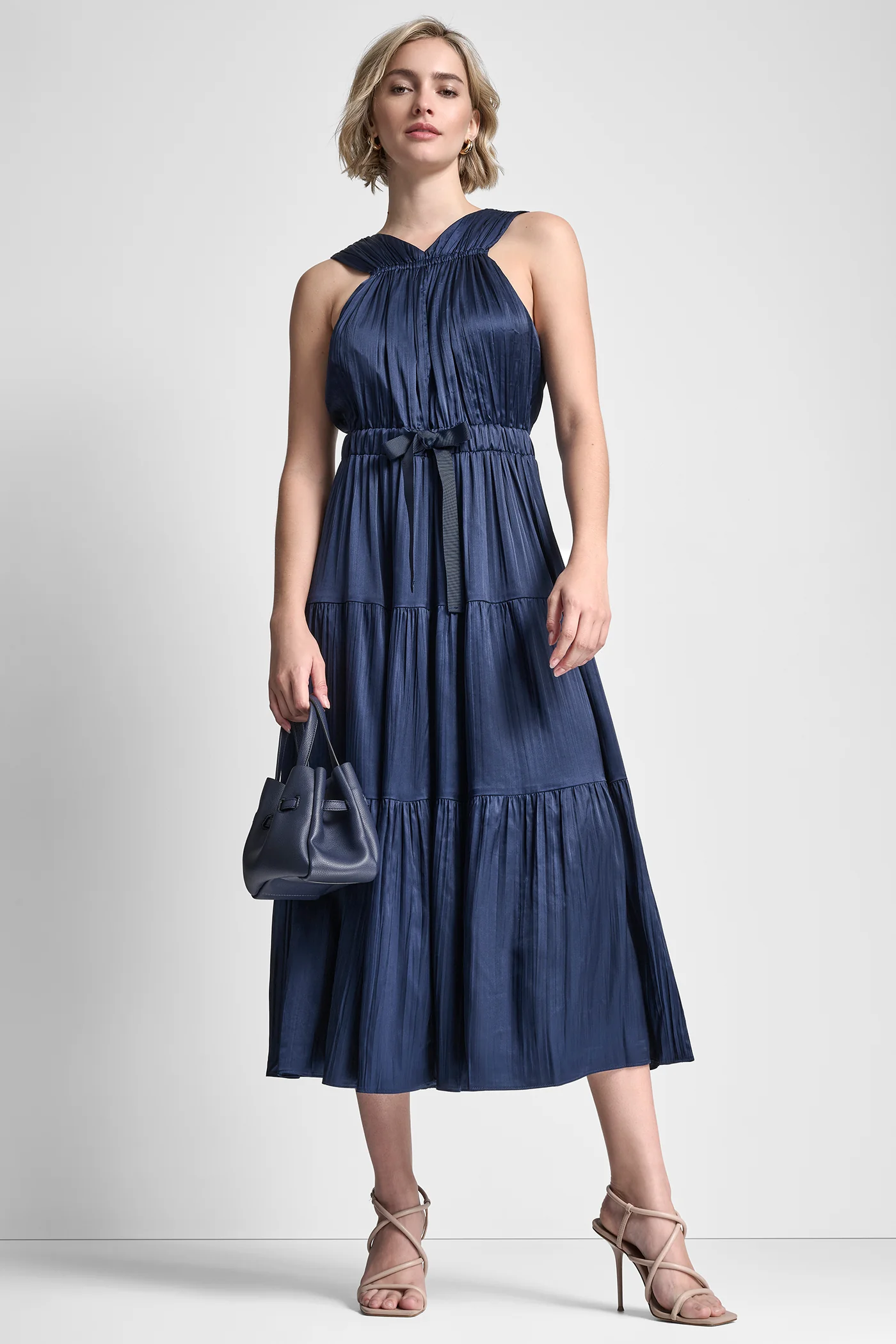 PLEATED SATIN TIE-WAIST MIDI DRESS - Image 4