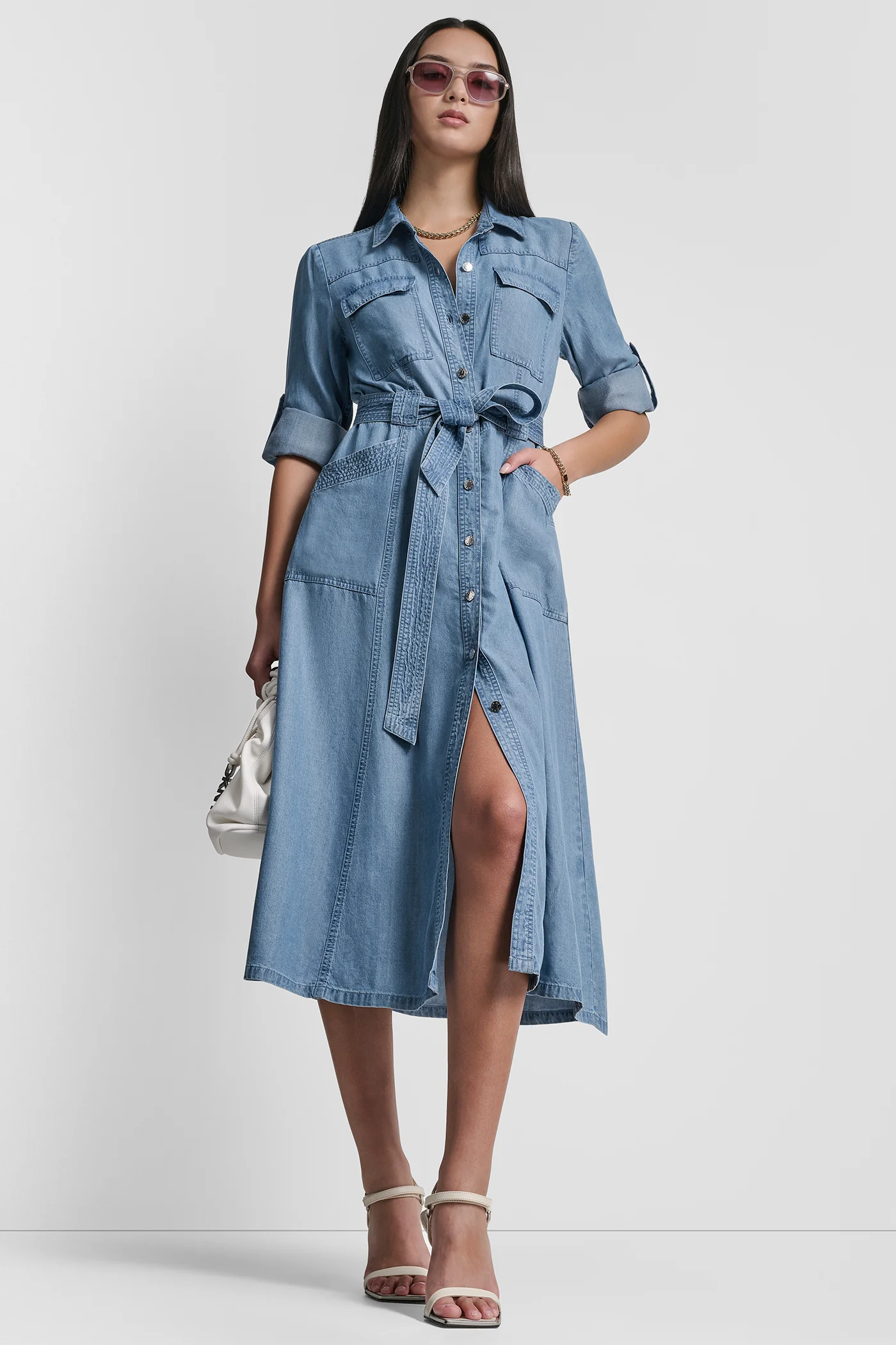 LONG SLEEVE ROLL TAB TENCEL CARGO DRESS