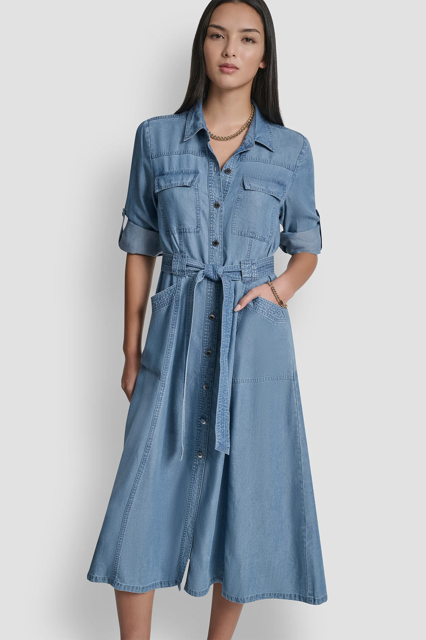 LONG SLEEVE ROLL TAB TENCEL CARGO DRESS - Image 6