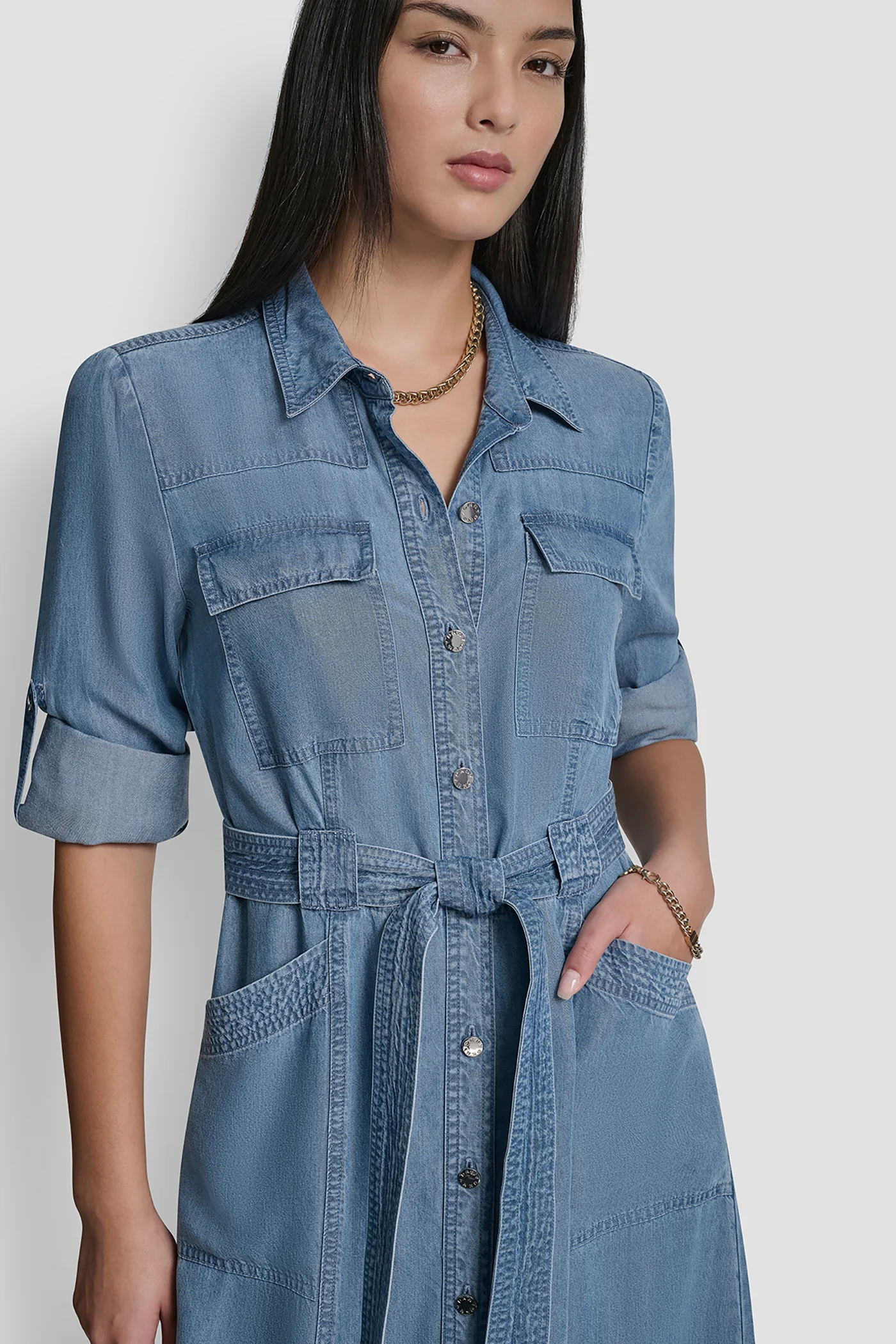 LONG SLEEVE ROLL TAB TENCEL CARGO DRESS - Image 7