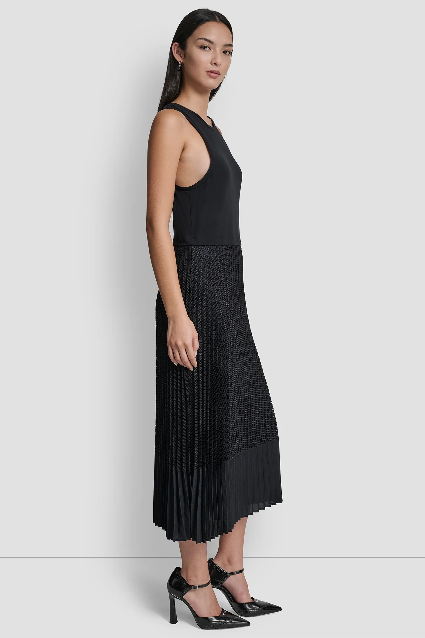 PLEATED MIXED MEDIA MIDI DRESS - Image 3