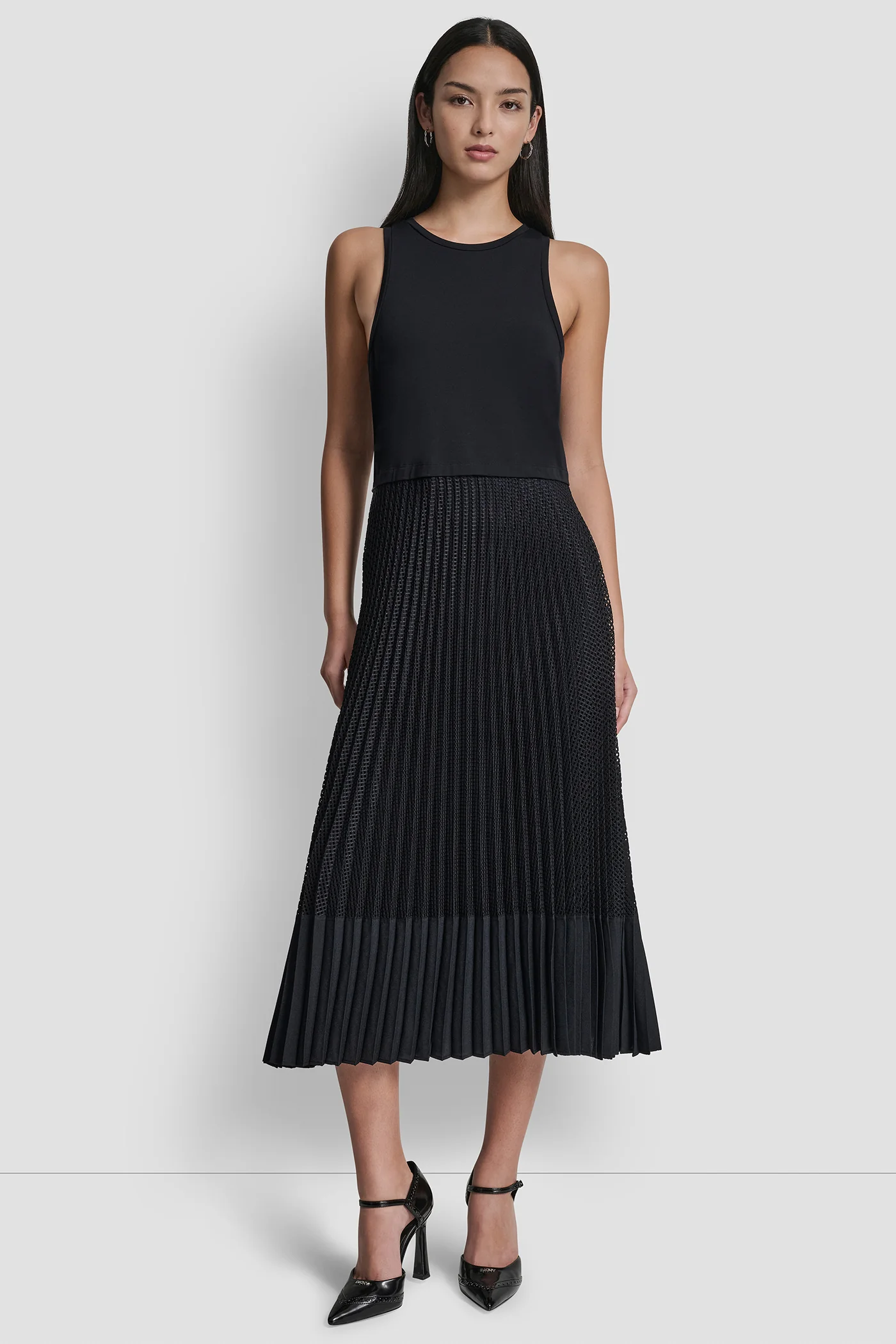 PLEATED MIXED MEDIA MIDI DRESS - Image 4